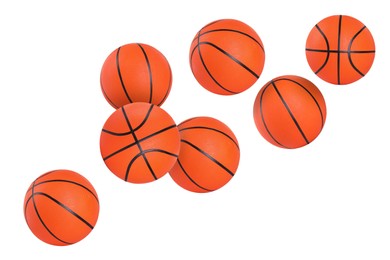 Image of Many basketball balls flying on white background