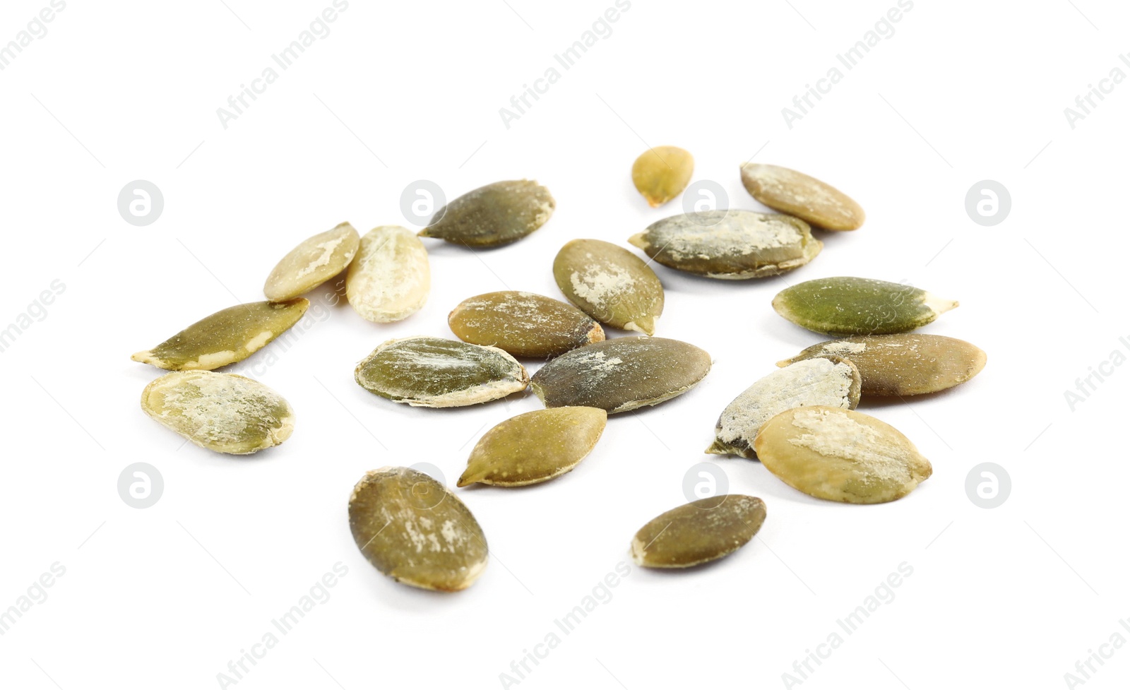 Photo of Raw peeled pumpkin seeds on white background