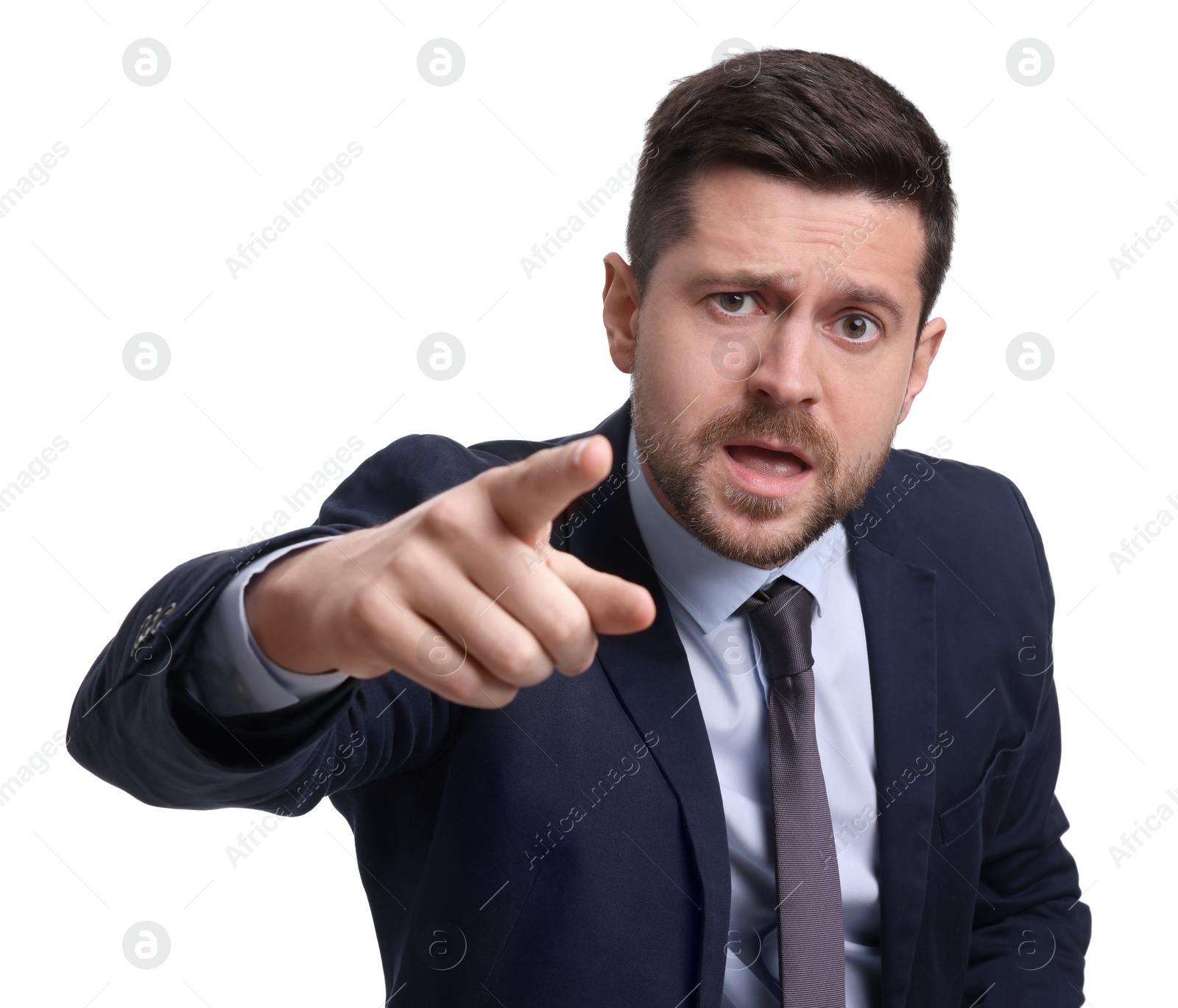 Photo of Handsome bearded businessman in suit on white background