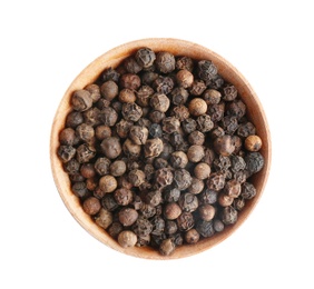 Photo of Bowl of black peppercorns isolated on white, top view