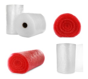 Image of Set with different bubble wrap rolls on white background