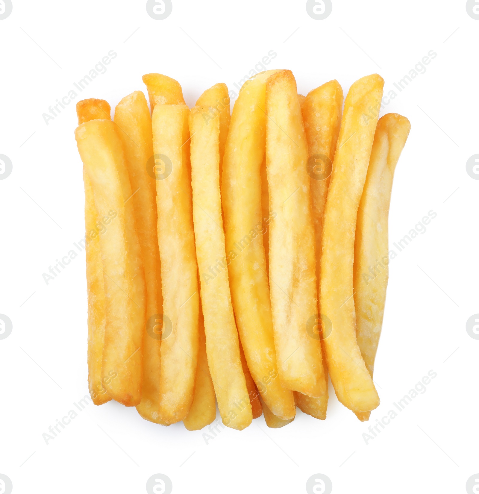 Photo of Delicious fresh french fries on white background, top view