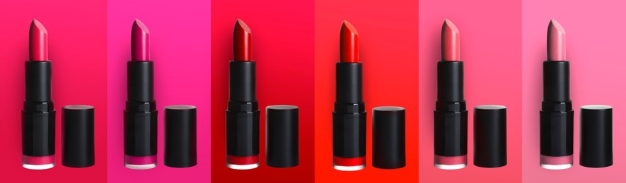 Image of Set with beautiful lipsticks on different color backgrounds. Banner design