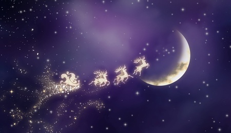 Illustration of Magic Christmas eve. Santa with reindeers flying in sky at night