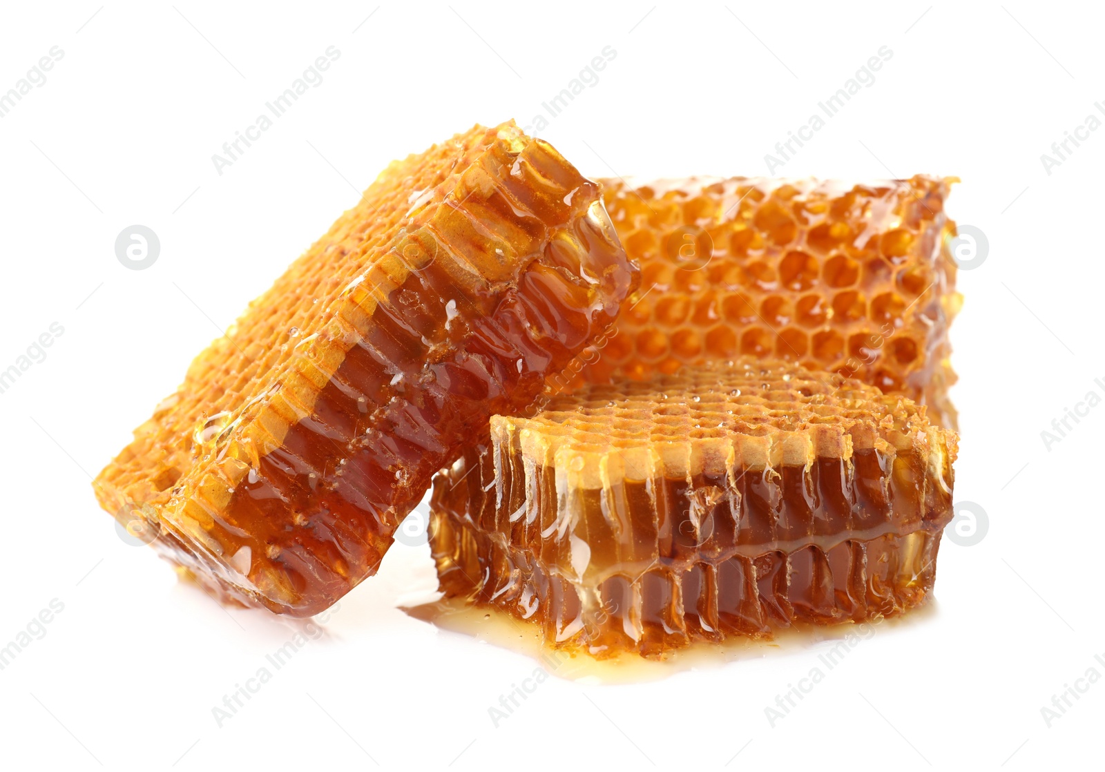 Photo of Fresh honeycombs on white background. Organic product