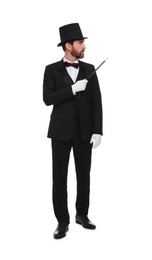 Photo of Magician in top hat holding wand on white background