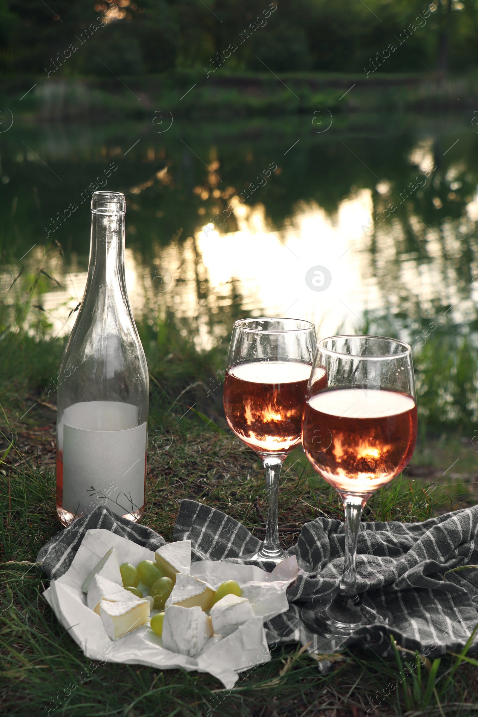 Photo of Delicious rose wine, cheese and grapes on picnic blanket near lake