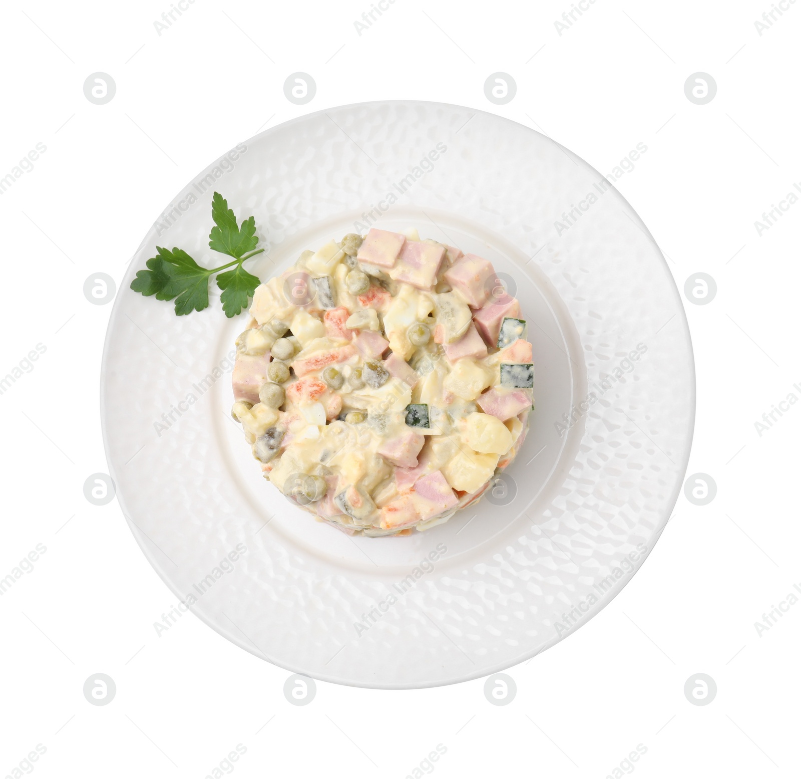 Photo of Tasty Olivier salad with boiled sausage isolated on white, top view