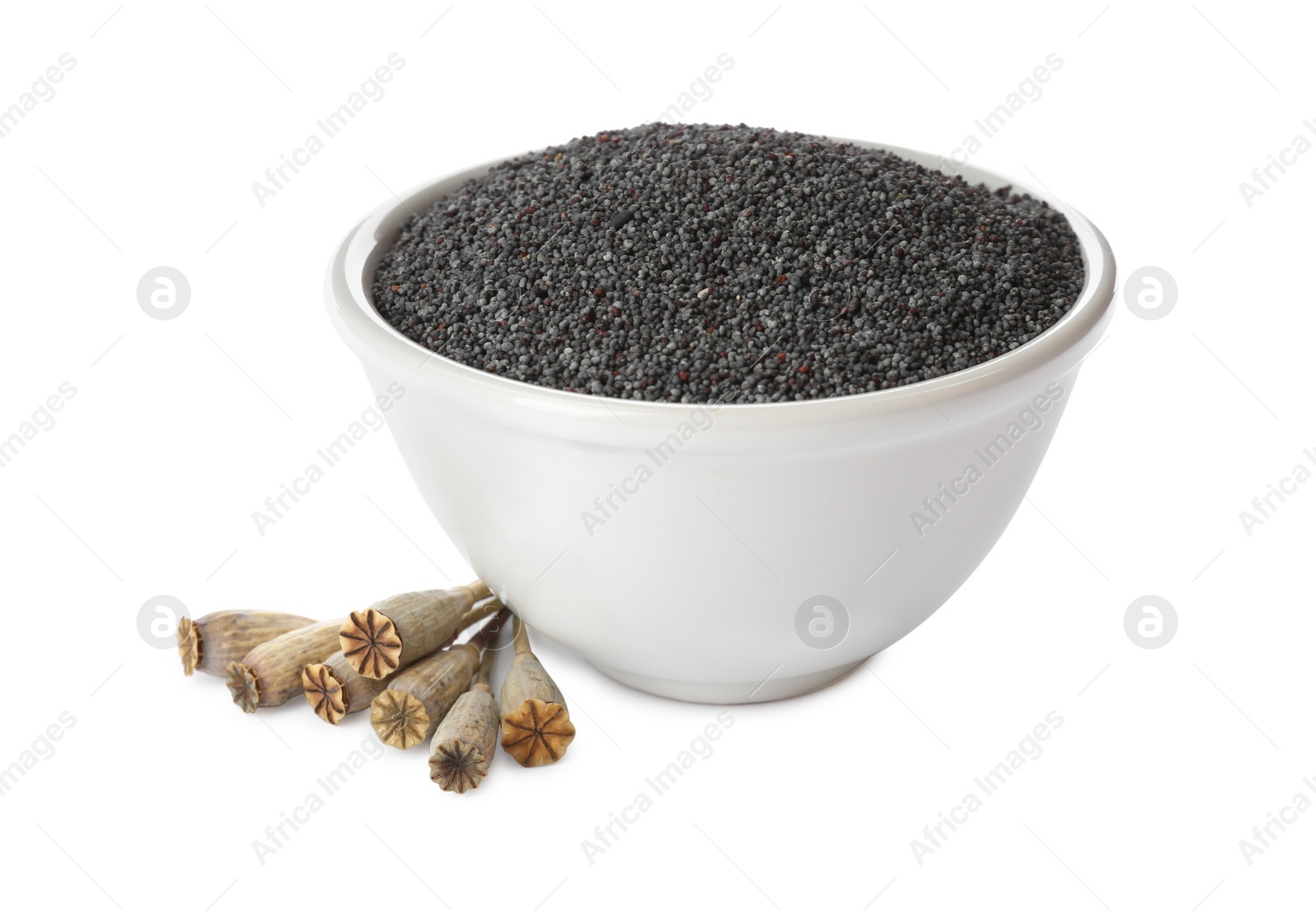 Photo of Poppy seeds in ceramic bowl isolated on white