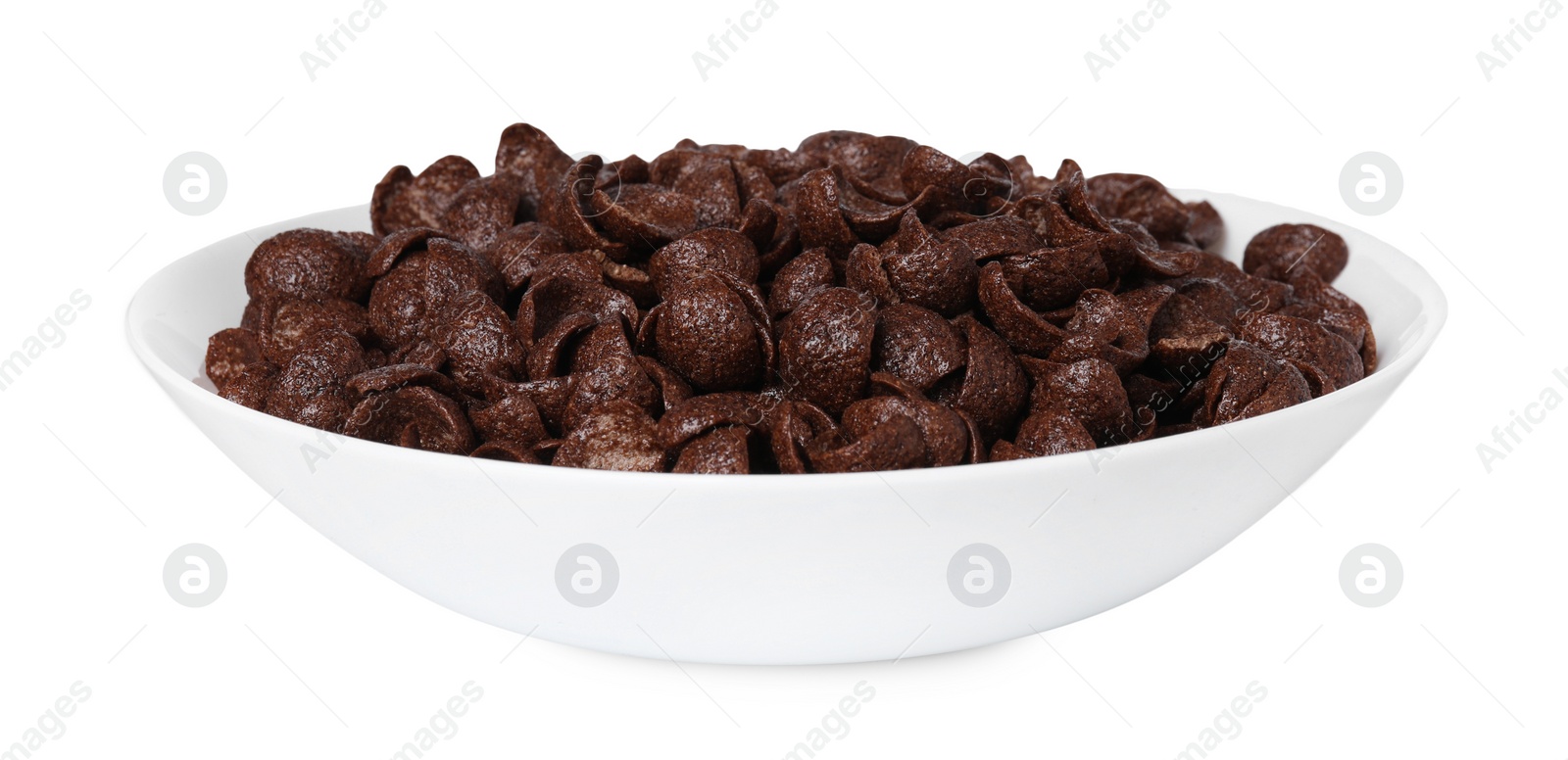 Photo of Breakfast cereal. Chocolate corn flakes in bowl isolated on white