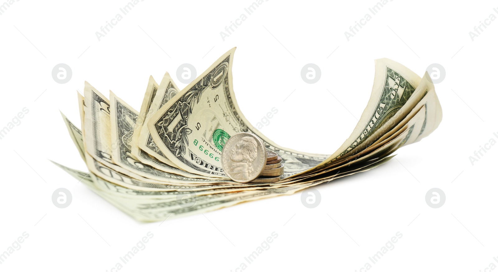 Photo of Dollar banknotes and coins on white background