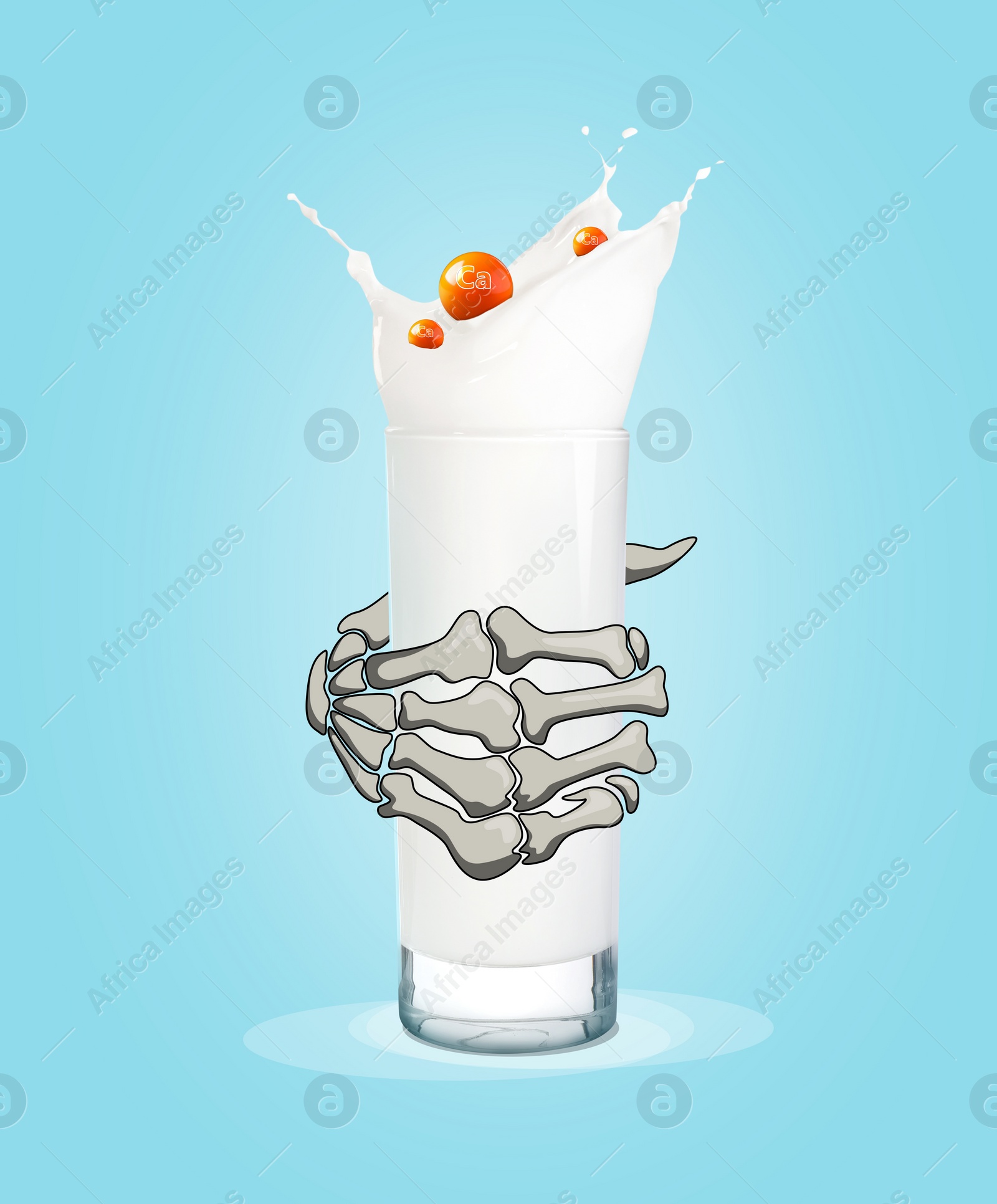 Image of Glass of fresh tasty milk and illustration of skeleton hand on light blue background. Source of calcium