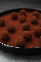 Delicious chocolate candies powdered with cocoa on grey table, closeup