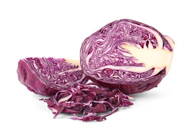 Ripe sliced red cabbage on white background