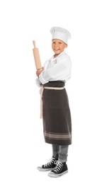 Photo of Full length portrait of little boy in chef hat with rolling pin on white background