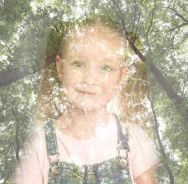 Double exposure of cute little girl and green trees
