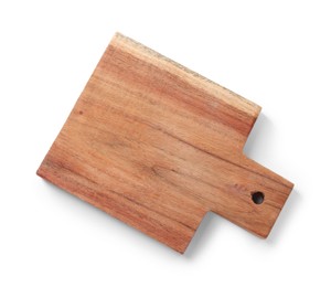 Photo of One wooden cutting board on white background, top view