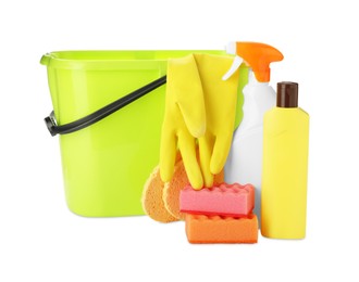 Green plastic bucket, cleaning supplies and tools on white background