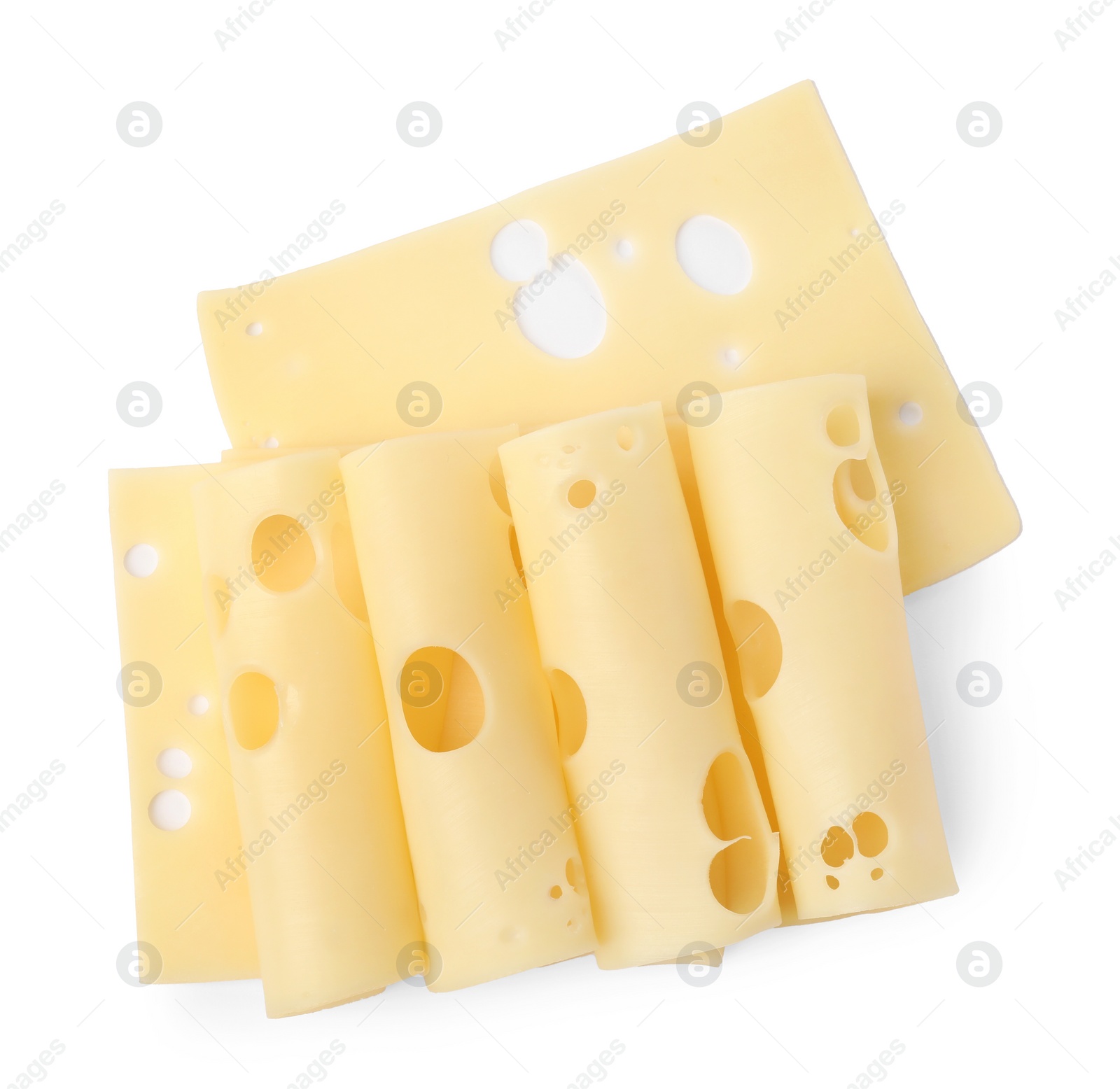 Photo of Slices of tasty fresh cheese isolated on white, top view