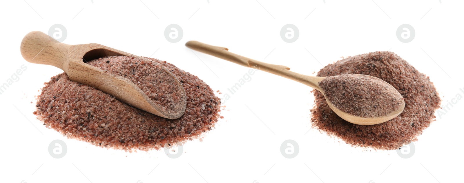 Image of Wooden scoop and spoon with black salt on white background. Banner design 