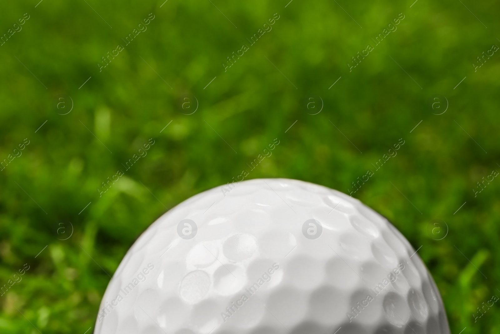 Photo of Golf ball on green course outdoors, closeup. Space for text