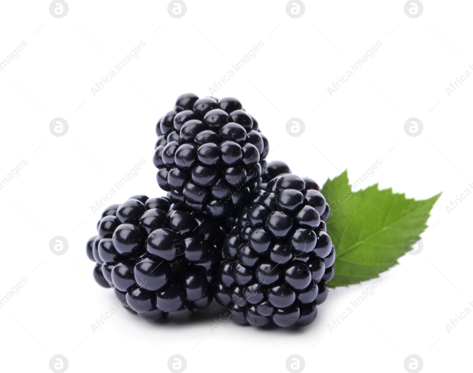 Photo of Tasty ripe blackberries with green leaves on white background