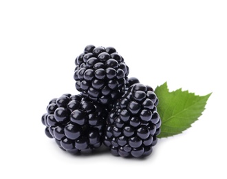 Tasty ripe blackberries with green leaves on white background