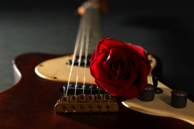 Beautiful rose and electric guitar on black background, closeup. Space for text