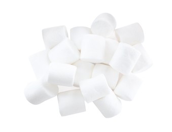Photo of Pile of delicious puffy marshmallows on white background, top view