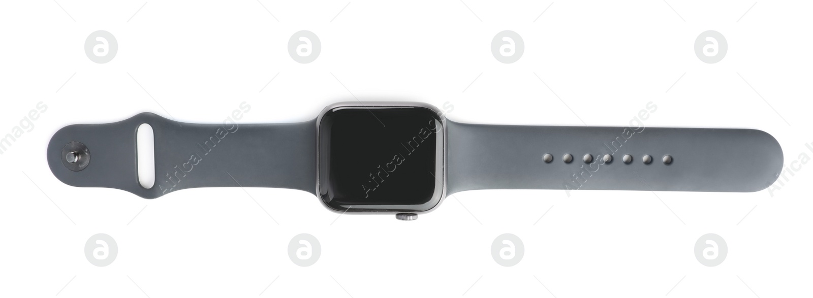 Image of Modern stylish smart watch isolated on white, top view. Banner design