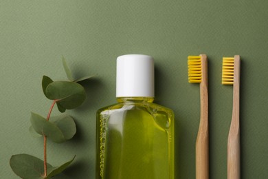 Photo of Fresh mouthwash in bottle, toothbrushes and eucalyptus branch on green background, flat lay