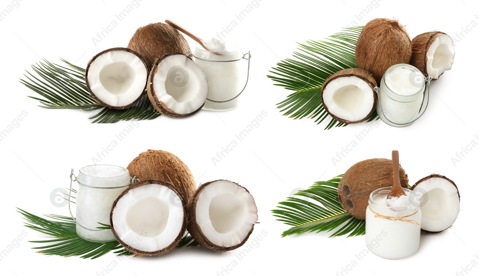 Image of Set of coconuts and organic cooking oil on white background