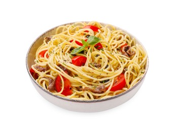 Photo of Delicious pasta with anchovies, tomatoes and spices isolated on white