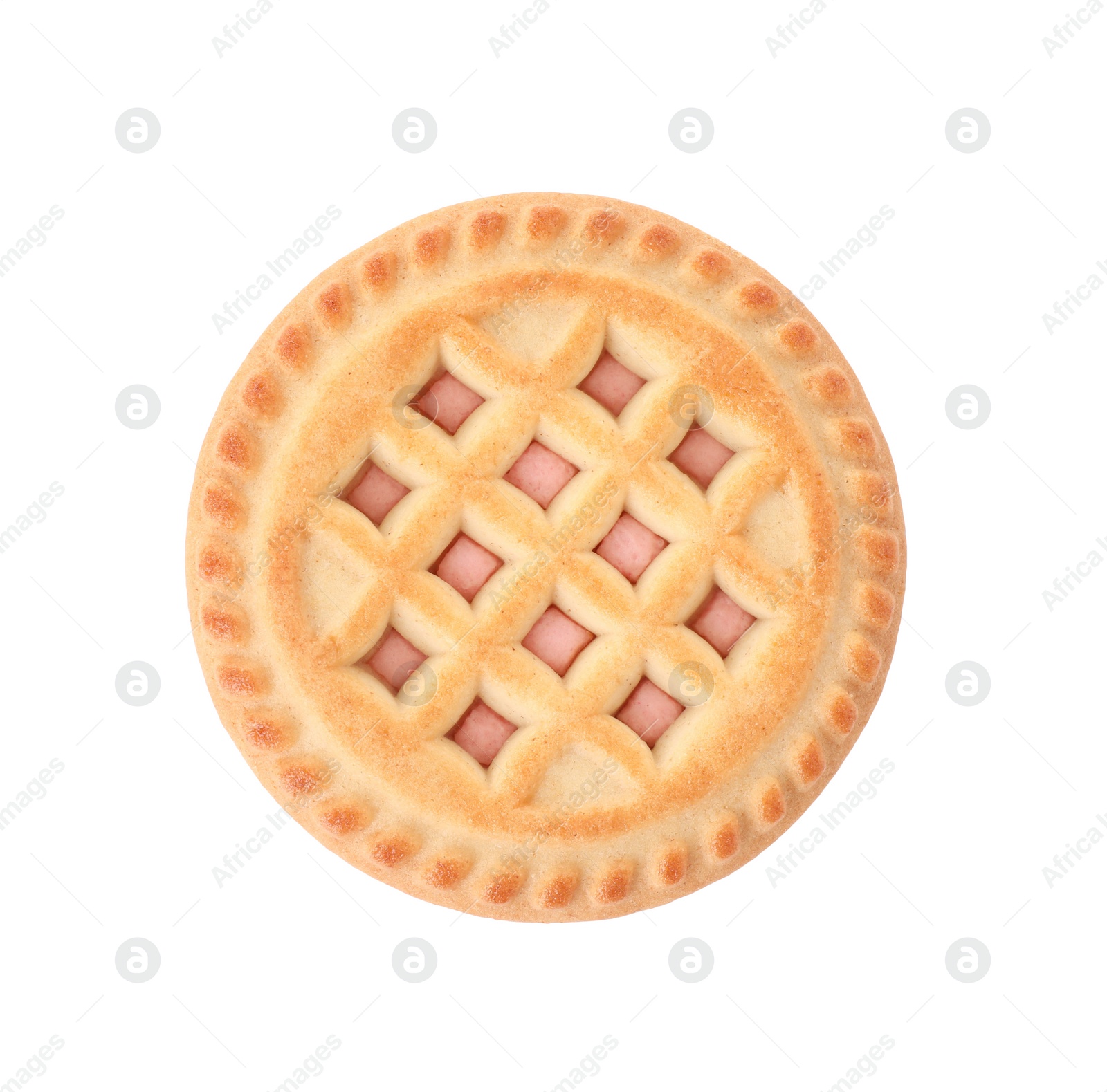 Photo of Tasty sandwich cookie with cream isolated on white, top view