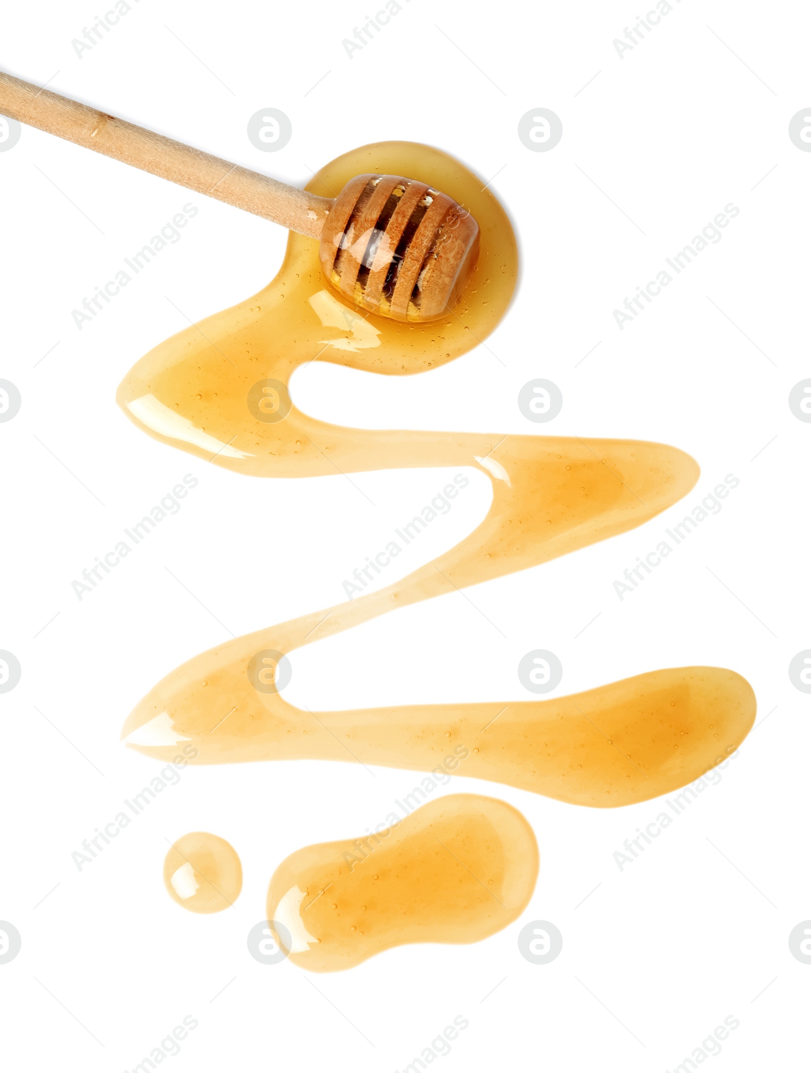 Photo of Sweet honey and dipper on white background, top view