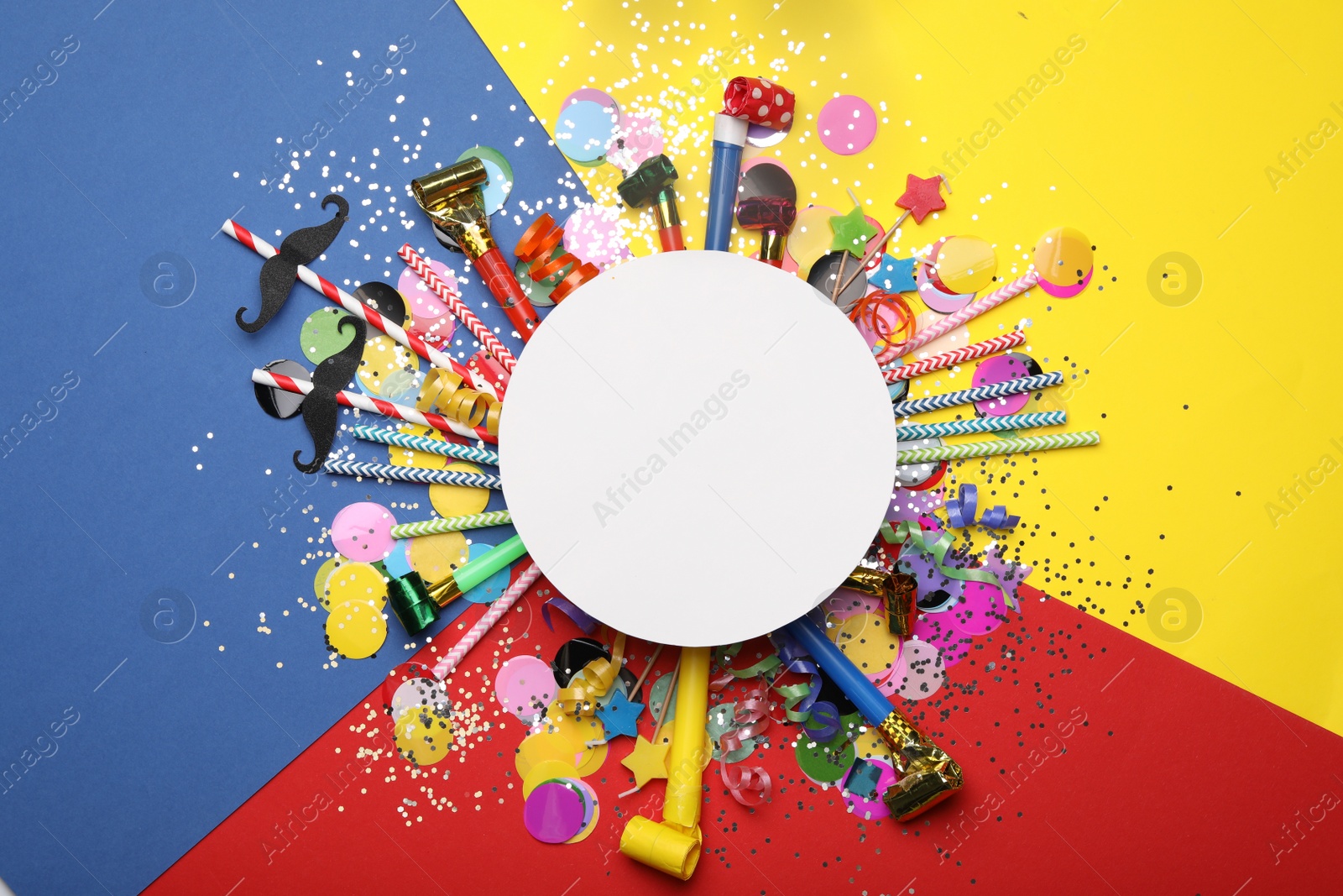 Photo of Flat lay composition with party props on color background. Space for text
