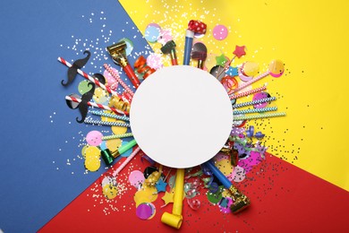 Photo of Flat lay composition with party props on color background. Space for text