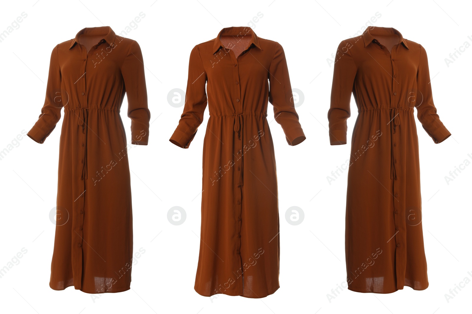 Image of Set of stylish long dresses from different views on white background