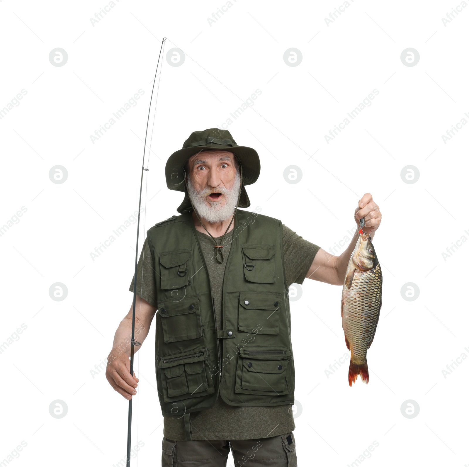 Photo of Fisherman with rod and catch isolated on white