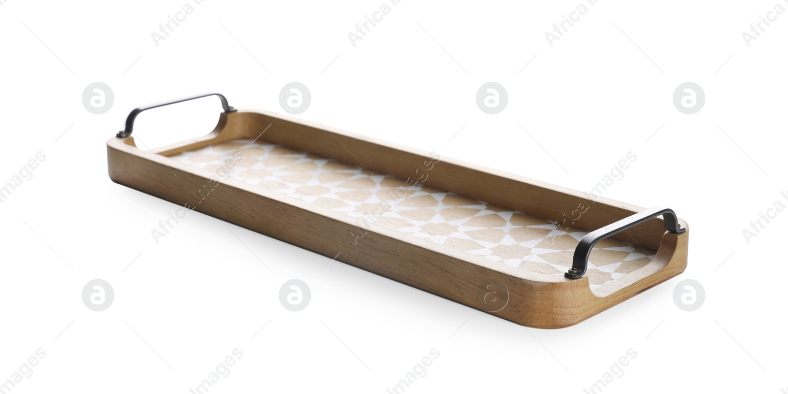 Photo of One empty wooden tray isolated on white