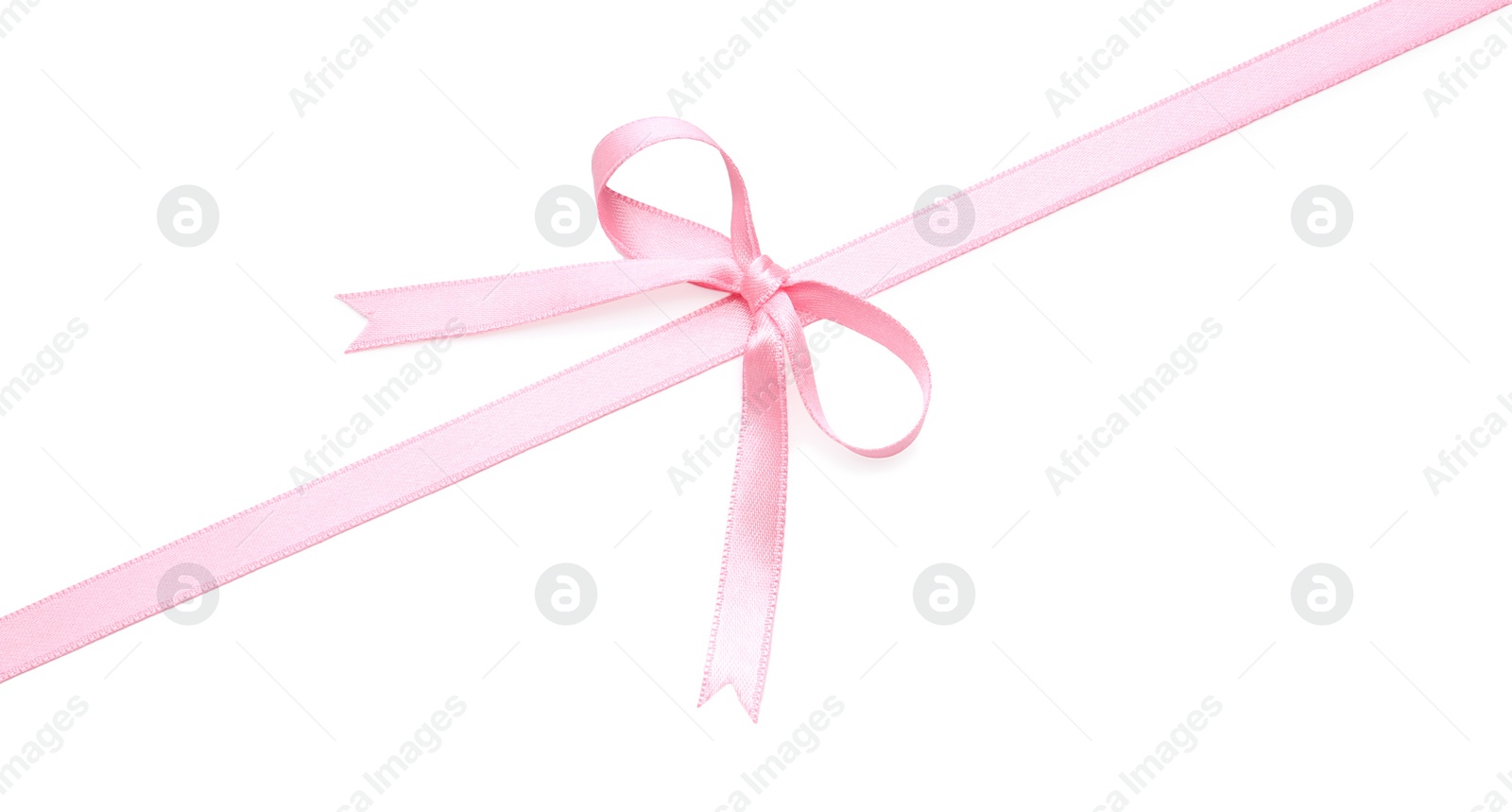 Photo of Pink satin ribbon with bow on white background, above view
