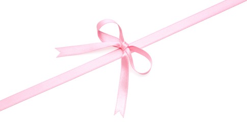 Photo of Pink satin ribbon with bow on white background, above view