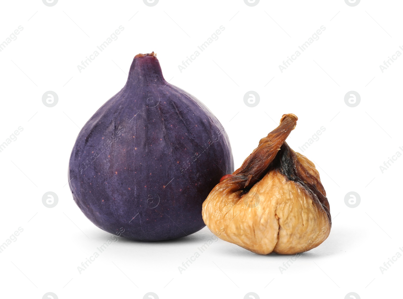 Photo of Dried and fresh figs on white background. Organic snack