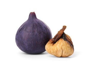 Photo of Dried and fresh figs on white background. Organic snack