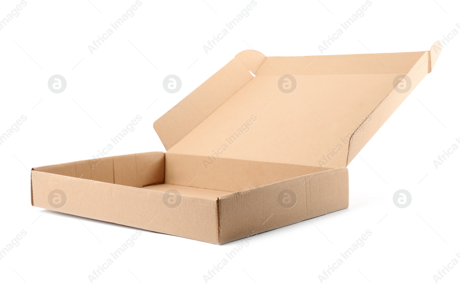 Photo of Open cardboard box on white background. Mockup for design