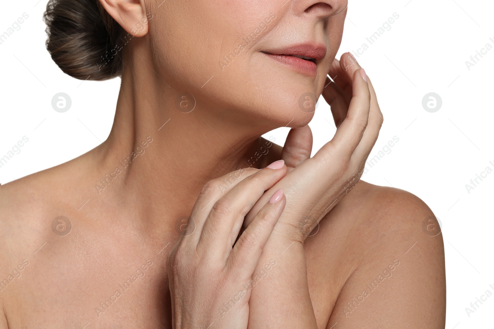 Photo of Beautiful mature woman with healthy skin on white background, closeup