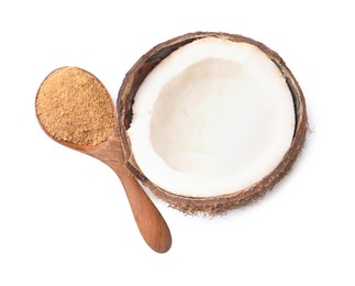 Photo of Coconut sugar in spoon and fruit isolated on white, top view