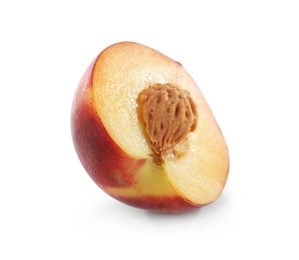 Photo of Half of sweet juicy peach on white background