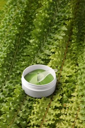 Photo of Jar of under eye patches with spoon on green fern leaves. Cosmetic product