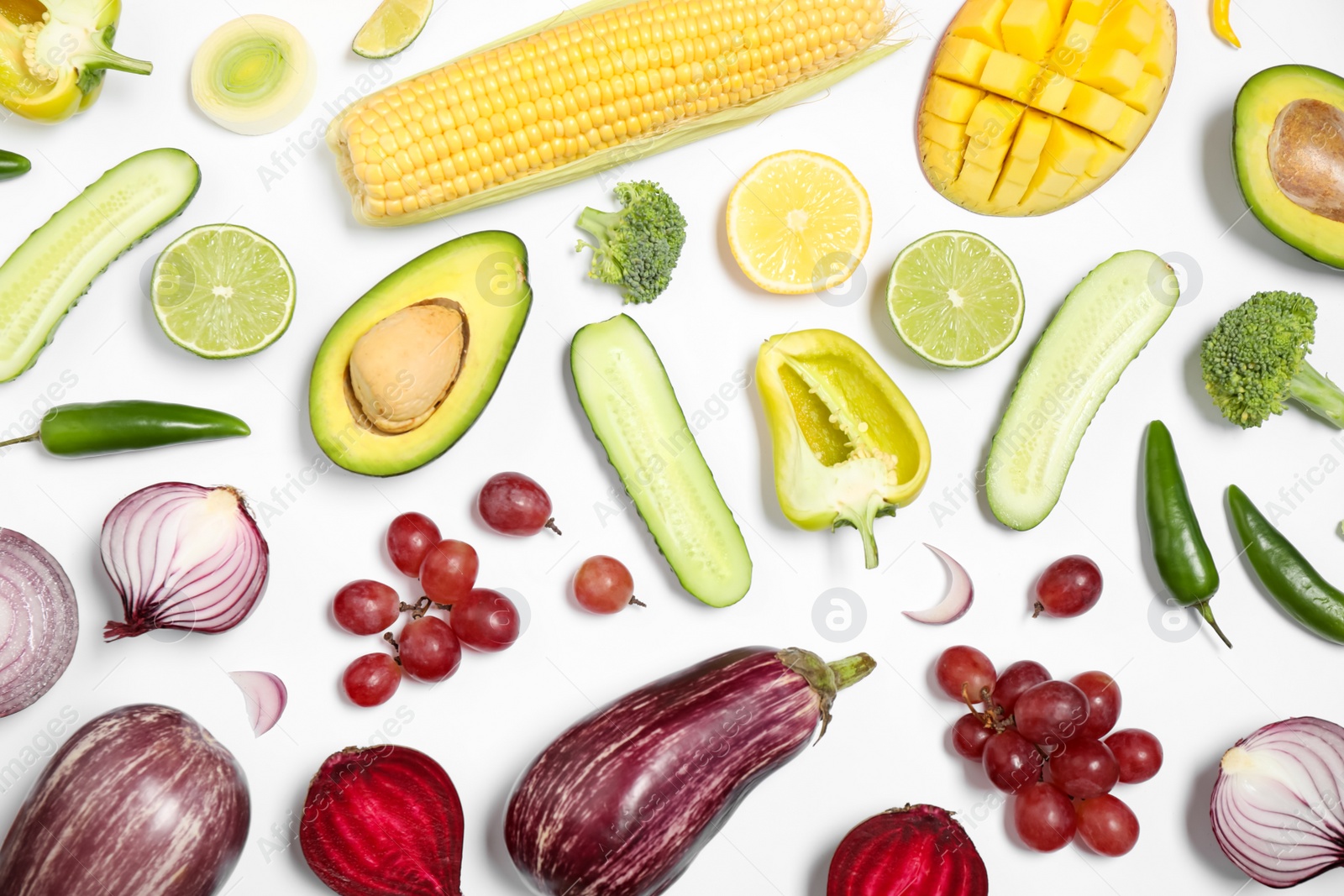 Photo of Composition with fresh organic fruits and vegetables on white background, top view